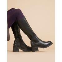 Leather Block Heel Knee High Boots