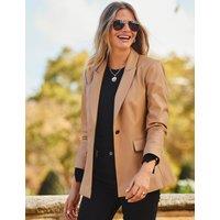 SOSANDAR Faux Leather Single Breasted Blazer Tan