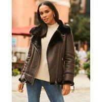 SOSANDAR Faux Shearling Aviator Jacket Dark Brown