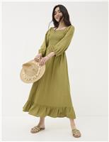 Square Neck Midi Shirred Dress with Linen