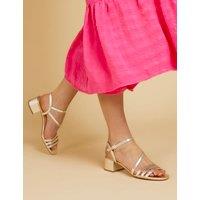 Jones Bootmaker Leather Ankle Strap Block Heel Sandals Gold