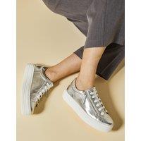 Jones Bootmaker Leather Lace Up Flatform Trainers Silver