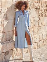 SOSANDAR Denim Blouson Sleeve Midi Shift Dress Blue Denim