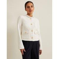 Textured Collarless Short Jacket with Cotton