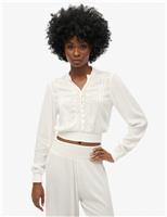 Lace Trim V-Neck Button Through Blouse