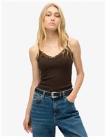 Pure Cotton Ribbed V-Neck Lace Trim Cami Top