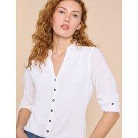 White Stuff Pure Cotton Jersey Woven Collared Shirt White