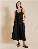 Albaray Pure Cotton Scoop Neck Midi Waisted Dress Black