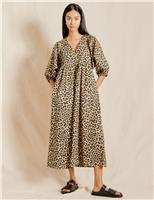Albaray Pure Cotton Animal Print V-Neck Midi Dress Brown Mix