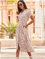 SOSANDAR Printed Tie Waist Midi Shirt Dress Beige Mix