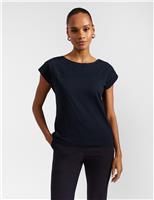 HOBBS Pure Cotton Broderie Slash Neck Top Navy