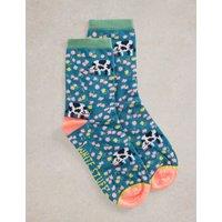 Cotton Rich Cow Floral Ankle High Socks