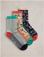 White Stuff 3pk Cotton Rich Floral Ankle High Socks Blue Mix