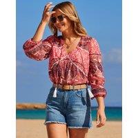 Paisley V-Neck Tassel Puff Sleeve Blouse