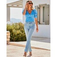 Foil Print V-Neck Puff Sleeve Top
