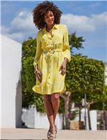SOSANDAR Printed Belted Knee Length Shirt Dress Yellow Mix