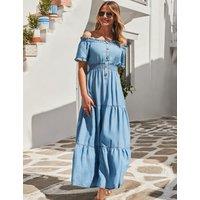 SOSANDAR Pure Lyocell Bardot Midaxi Shirred Dress Blue Denim