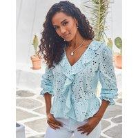 SOSANDAR Pure Cotton Broderie V-Neck Ruffle Blouse Blue