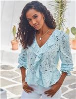SOSANDAR Pure Cotton Broderie V-Neck Ruffle Blouse Blue