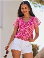 SOSANDAR Printed V-Neck Wrap Top Pink Mix