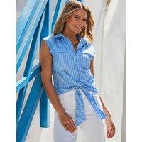 SOSANDAR Pure Cotton Striped Tie Front Shirt Blue Mix