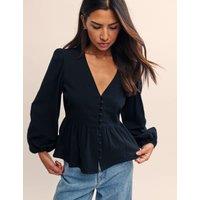 Cotton Blend Button Detail Puff Sleeve Blouse