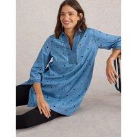 White Stuff Pure Cotton Denim Embroidered V-Neck Tunic Med Blue Denim
