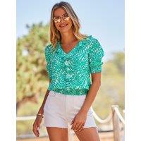SOSANDAR Printed V-Neck Ruffle Shirred Blouse Green Mix