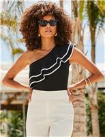 SOSANDAR Jersey Frill Detail One Shoulder Top Black