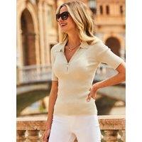 SOSANDAR Ribbed Metallic Half Zip Knitted Top Champagne