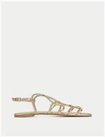 SOSANDAR Leather Metallic Flat Gladiator Sandals Gold