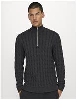 ONLY & SONS Cotton Rich Cable Knit Funnel Neck Knitted Top Grey