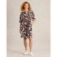 Printed V-Neck Belted Knee Length Shift Dress