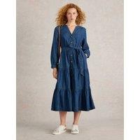 Denim Notch Neck Belted Midi Tiered Dress