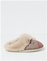 FatFace Embroidered Faux Fur Cuff Mule Slippers Natural Mix