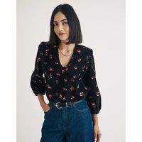 Cord Floral Collared Button-Front Blouse