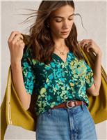 White Stuff Pure Cotton Printed Notch Neck T-Shirt Green Mix