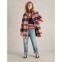 Checked Funnel Neck Coat with Wool