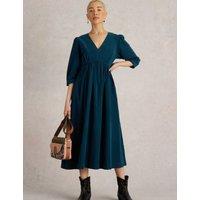 Pure Cotton Cord V-Neck Midi Tea Dress