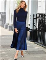 SOSANDAR Pleated Satin Midi Skirt Navy