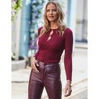 SOSANDAR Ribbed Button Detail Cut Out Top Burgundy