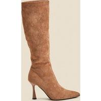 SOSANDAR Faux Suede Knee High Flared Heel Boots Camel