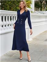 SOSANDAR Knitted V-Neck Midi Skater Dress Navy/Blue