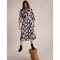 Cotton Blend Printed Midi Shirt Dress