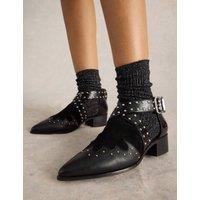 Leather Studded Buckle Pointed Ankle Boots