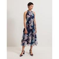 Sheer Floral High Neck Pleated Midi Swing Dress