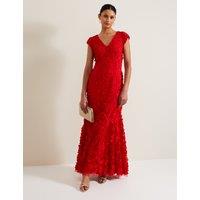 Phase Eight Chiffon Applique Ruffle V-Neck Maxi Skater Dress Red