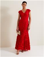 Phase Eight Chiffon Applique Ruffle V-Neck Maxi Skater Dress Red