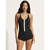 Beach Bound Retro Monochrome Zip-Up Swimsuit