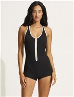 Beach Bound Retro Monochrome Zip-Up Swimsuit